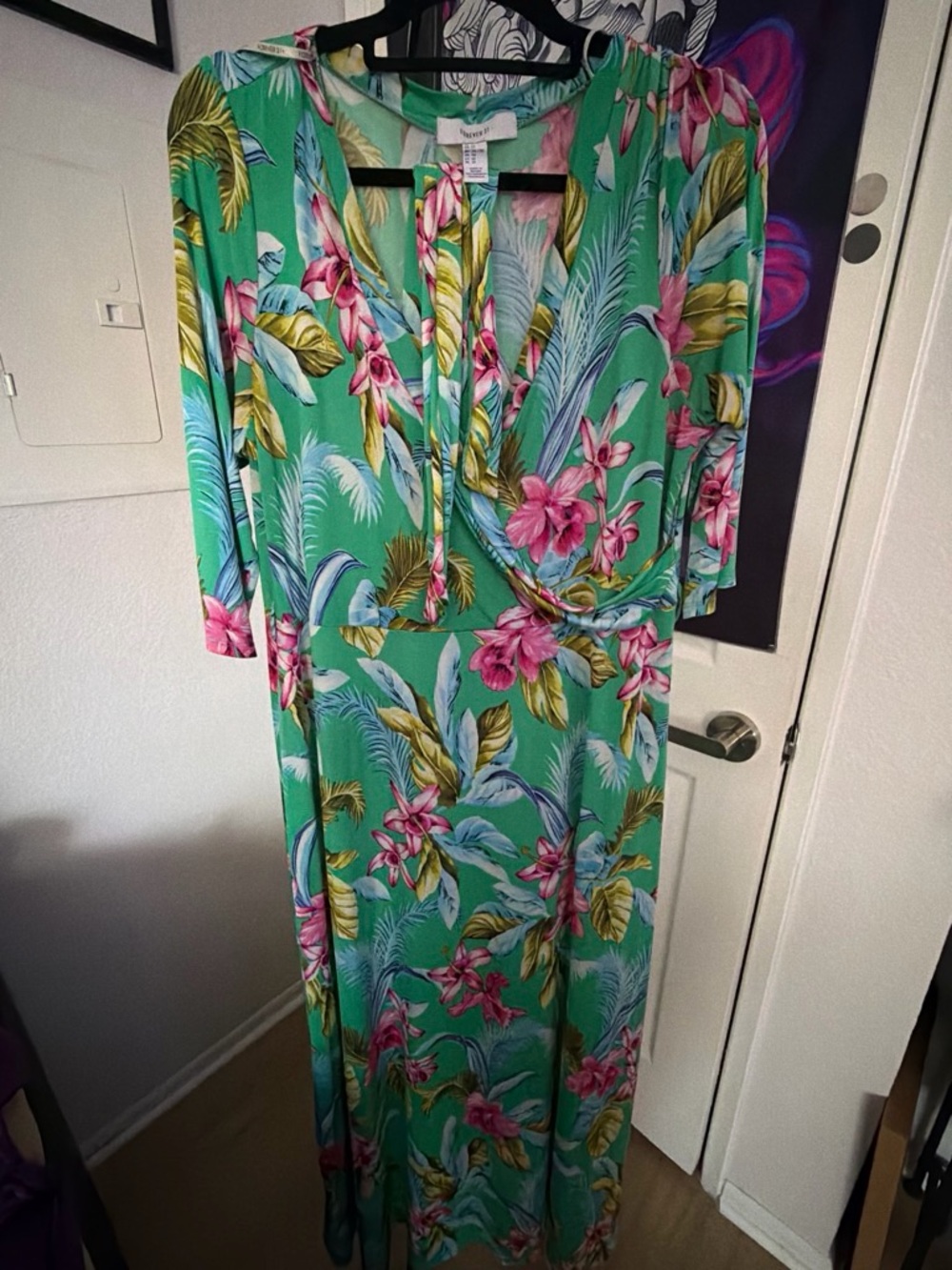 Forever 21 Green Tropical Floral Wrap Maxi Dress with Pink Blooms